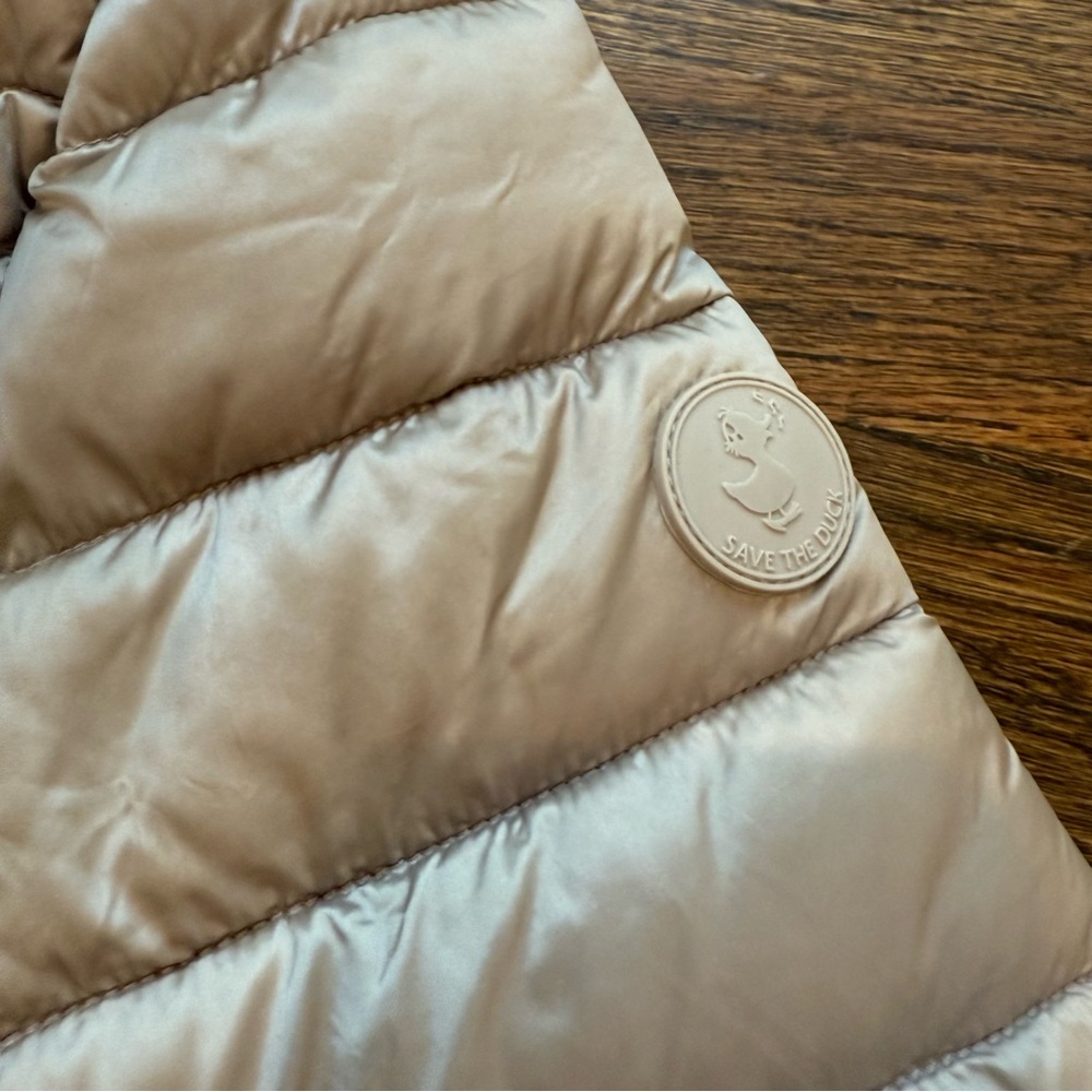 SAVE THE DUCK Alexis Shore Beige Hooded Puffer Jacket Sz 2/M 100% animal free - Picture 4 of 12